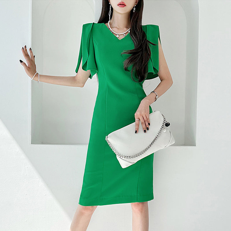 CM-DY014563 Women Casual Seoul Style V-Neck Short Sleeve Midi Dress - Green