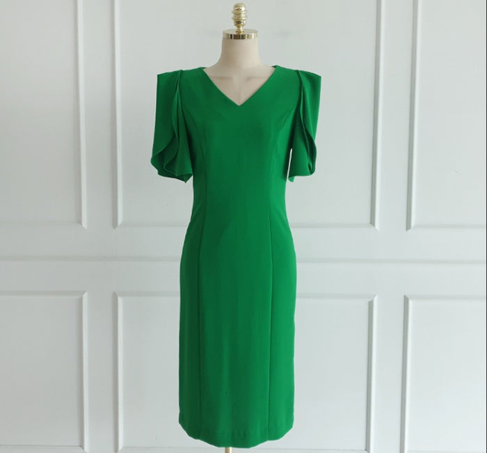 CM-DY014563 Women Casual Seoul Style V-Neck Short Sleeve Midi Dress - Green
