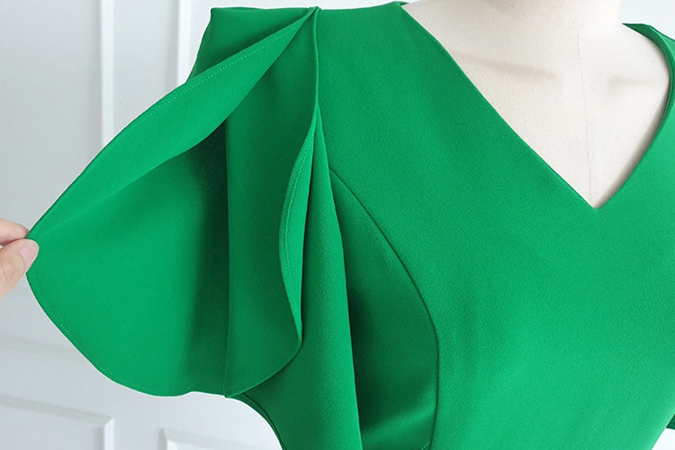 CM-DY014563 Women Casual Seoul Style V-Neck Short Sleeve Midi Dress - Green