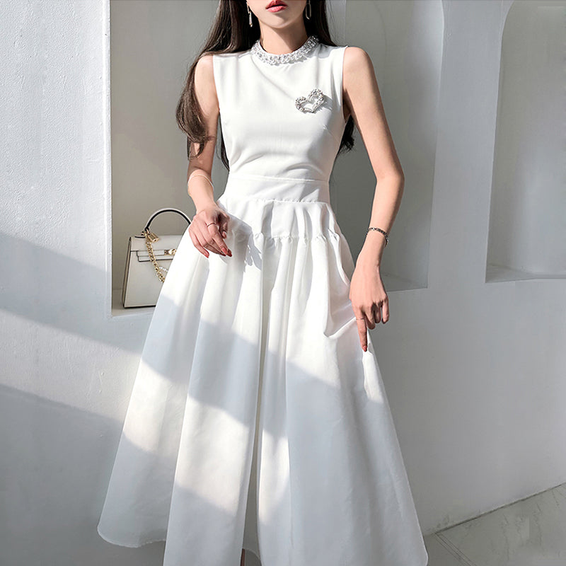 CM-DY014564 Women Elegant Seoul Style Round Neck Sleeveless Long Dress - White