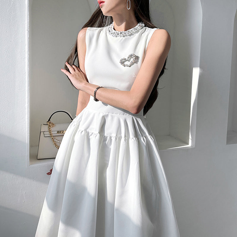 CM-DY014564 Women Elegant Seoul Style Round Neck Sleeveless Long Dress - White