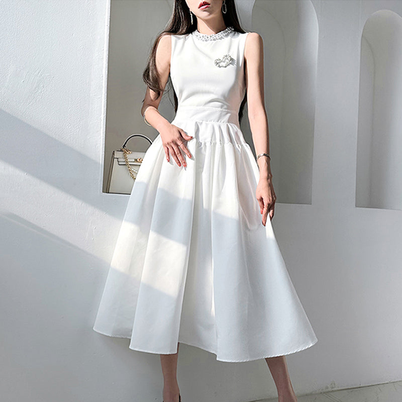 CM-DY014564 Women Elegant Seoul Style Round Neck Sleeveless Long Dress - White