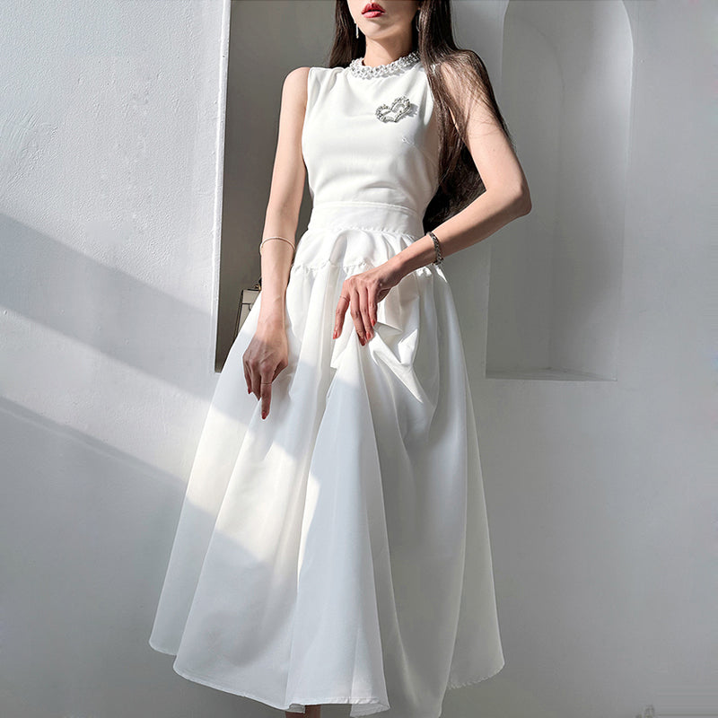 CM-DY014564 Women Elegant Seoul Style Round Neck Sleeveless Long Dress - White