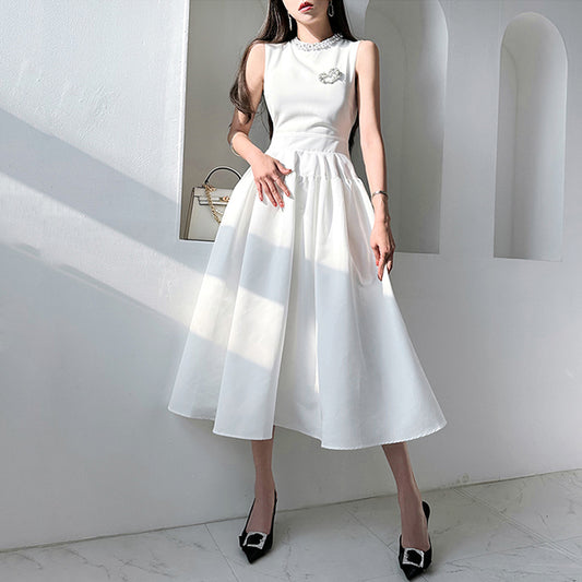 CM-DY014564 Women Elegant Seoul Style Round Neck Sleeveless Long Dress - White