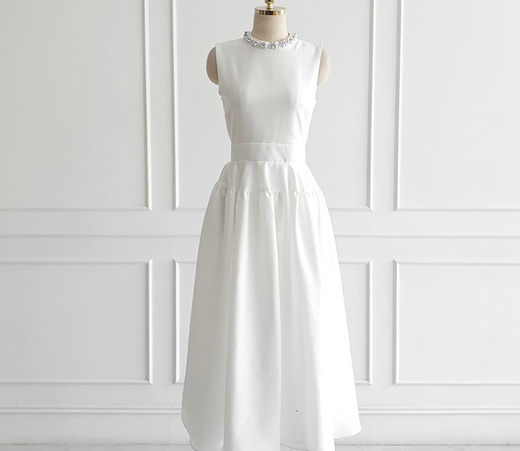 CM-DY014564 Women Elegant Seoul Style Round Neck Sleeveless Long Dress - White