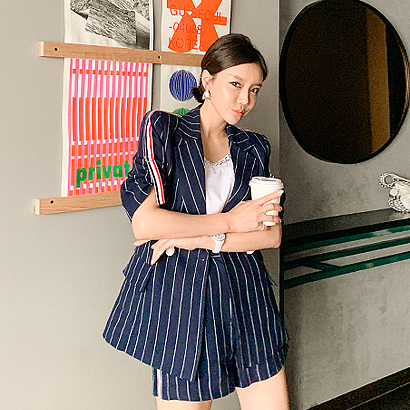 CM-SY014579 Women Elegant Seoul Style Stripes Single Breasted Long Sleeve Blazer With Short Pants - Set