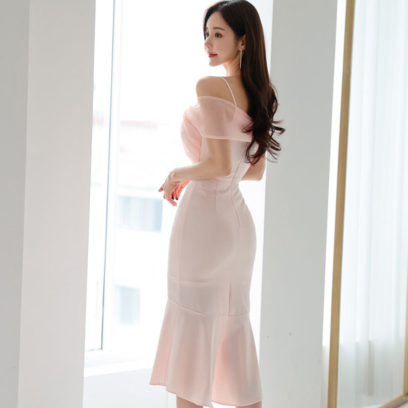 CM-DY014585 Women Elegant Seoul Style Off the Shoulder Gauze Midi Dress