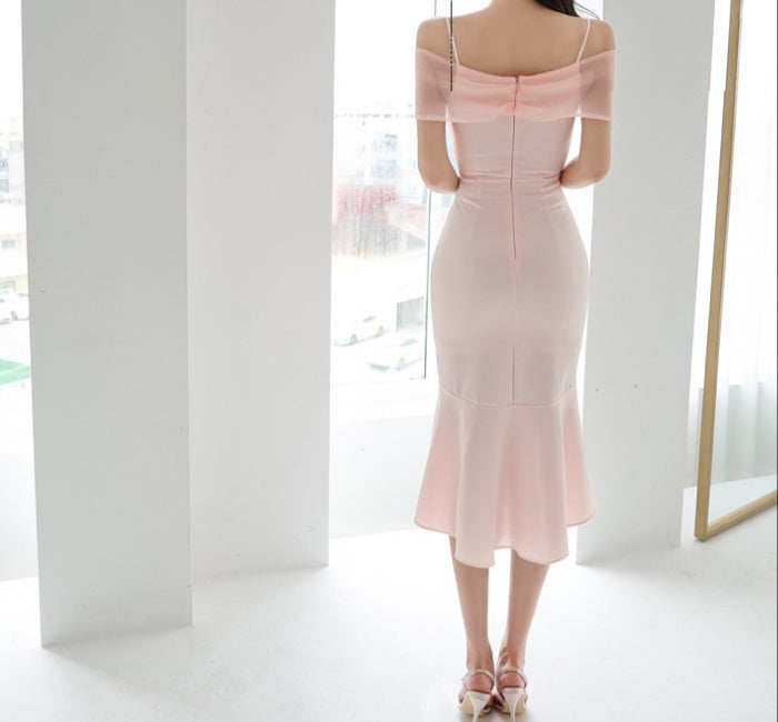 CM-DY014585 Women Elegant Seoul Style Off the Shoulder Gauze Midi Dress