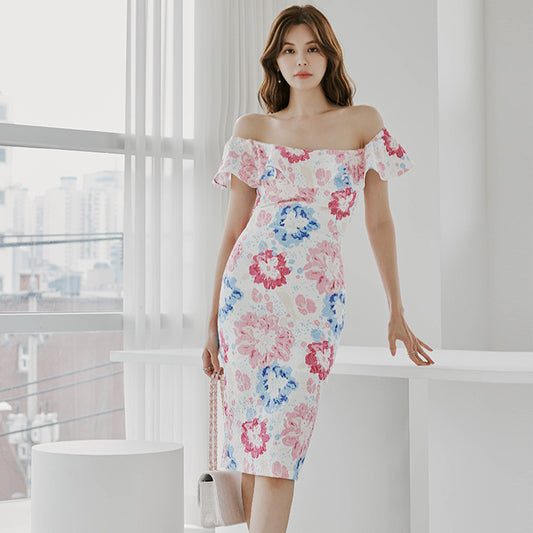 CM-DY014586 Women Casual Seoul Style Floral Print Off the Shoulder Midi Dress