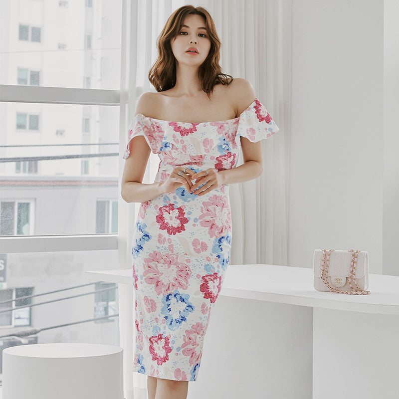 CM-DY014586 Women Casual Seoul Style Floral Print Off the Shoulder Midi Dress