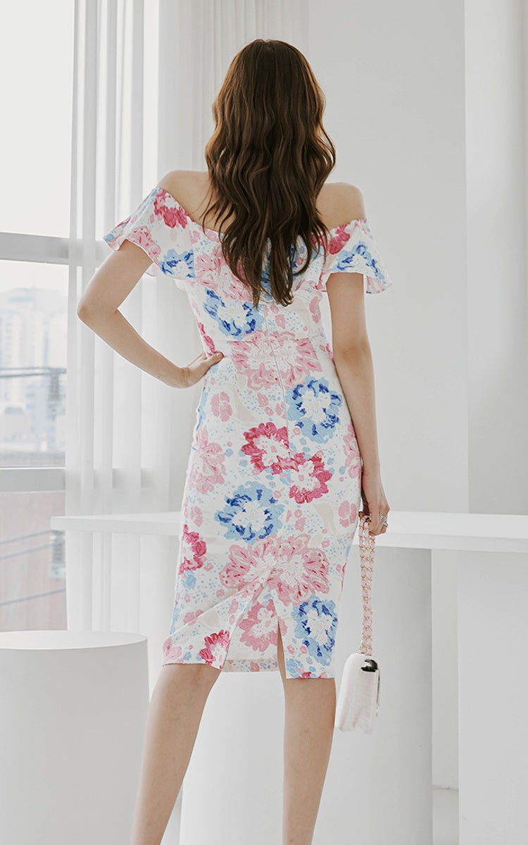 CM-DY014586 Women Casual Seoul Style Floral Print Off the Shoulder Midi Dress