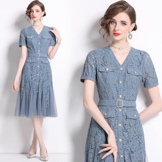 CM-DY014594 Women Elegant European Style V-Neck Short Sleeve Pinched Waist Lace Gauze Dress - Blue