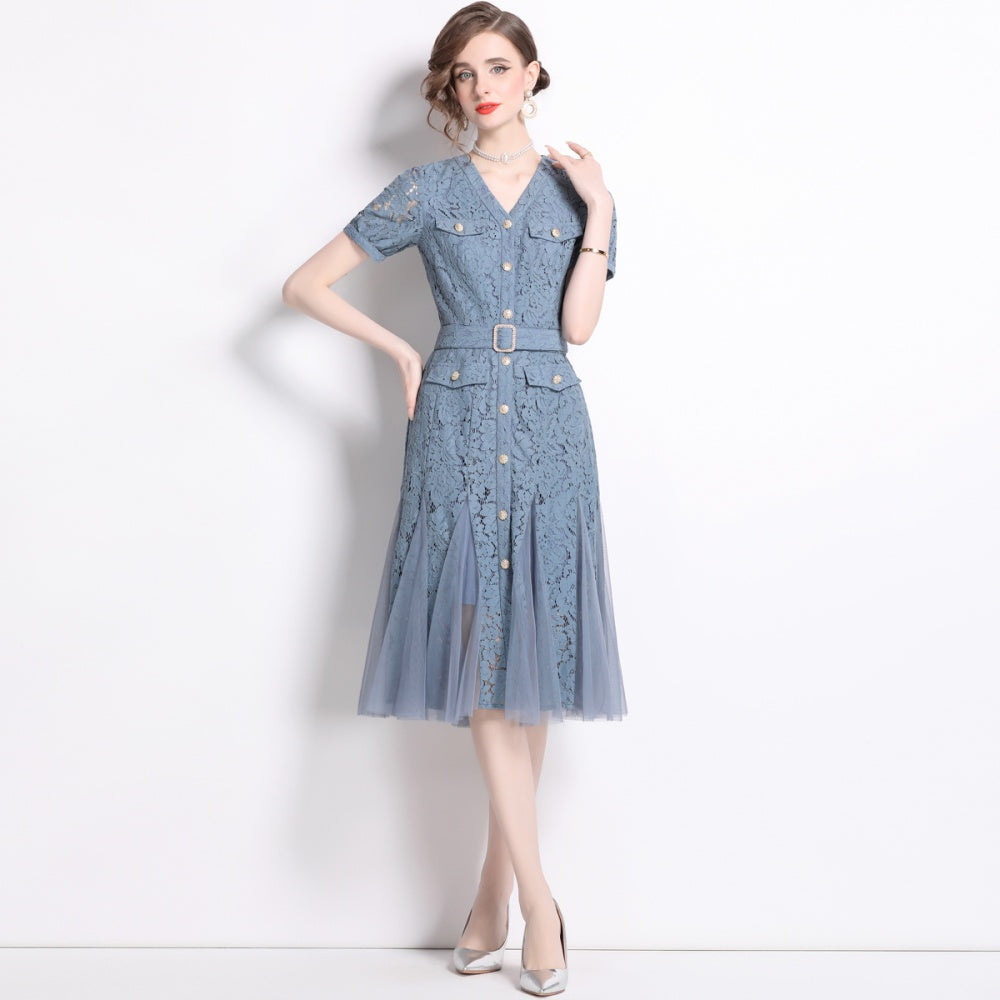 CM-DY014594 Women Elegant European Style V-Neck Short Sleeve Pinched Waist Lace Gauze Dress - Blue