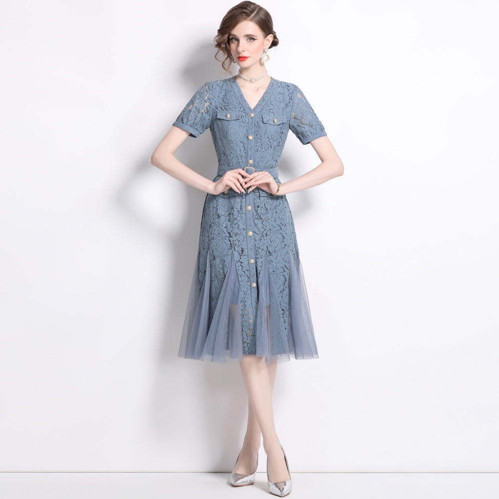 CM-DY014594 Women Elegant European Style V-Neck Short Sleeve Pinched Waist Lace Gauze Dress - Blue