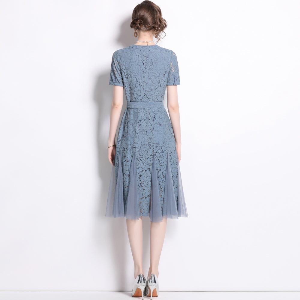 CM-DY014594 Women Elegant European Style V-Neck Short Sleeve Pinched Waist Lace Gauze Dress - Blue