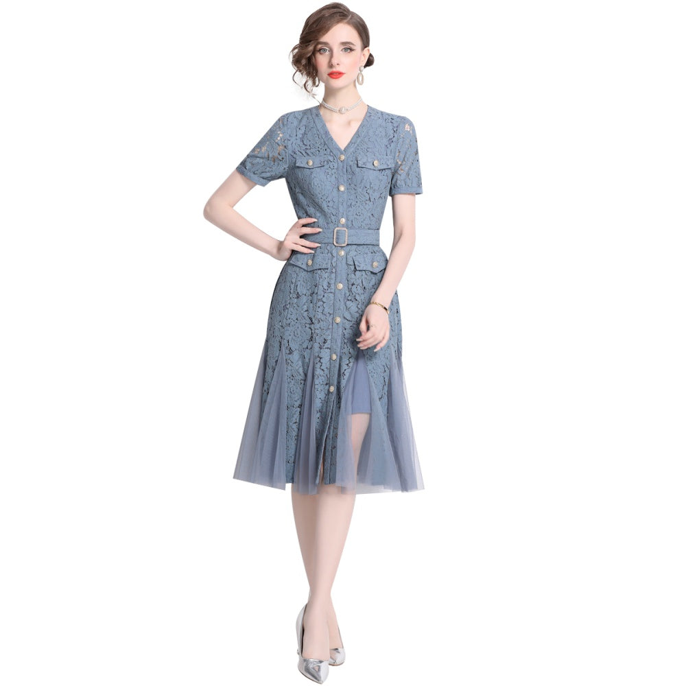 CM-DY014594 Women Elegant European Style V-Neck Short Sleeve Pinched Waist Lace Gauze Dress - Blue