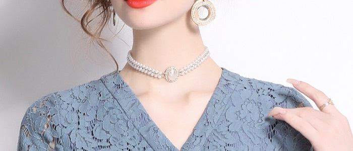 CM-DY014594 Women Elegant European Style V-Neck Short Sleeve Pinched Waist Lace Gauze Dress - Blue