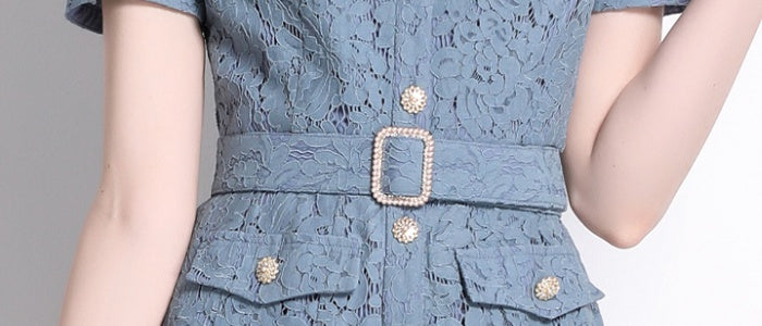 CM-DY014594 Women Elegant European Style V-Neck Short Sleeve Pinched Waist Lace Gauze Dress - Blue
