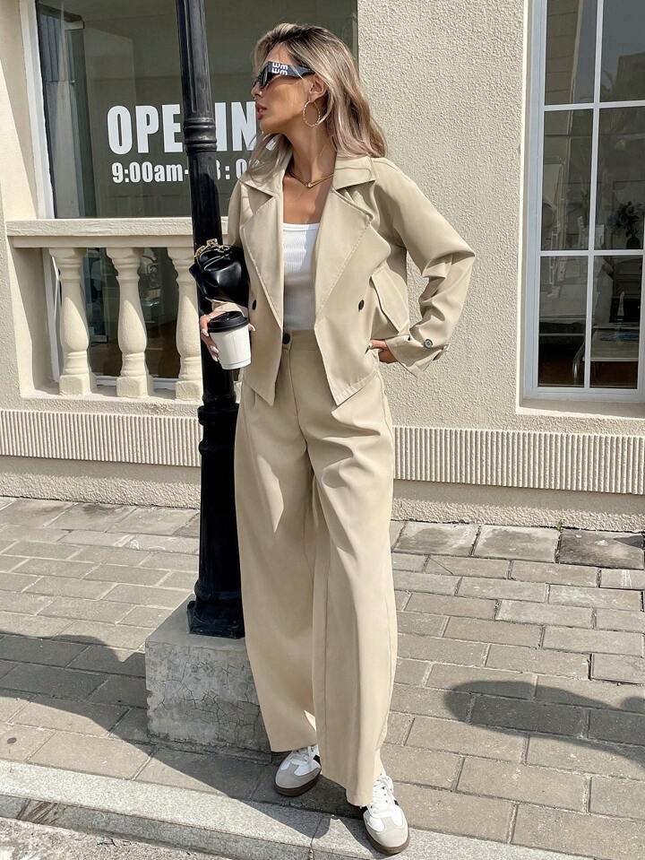 CM-SS009280 Women Elegant Seoul Style Solid Color Lapel Neck Long Sleeve Double-Breasted Jacket With Pants - Set