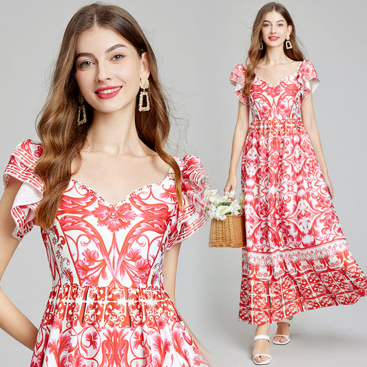 CM-DY014806 Women Trendy Bohemian Style Floral Print V-Neck Sleeveless Slim A-Line Maxi Dress - Red