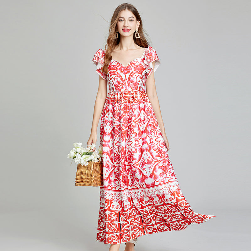 CM-DY014806 Women Trendy Bohemian Style Floral Print V-Neck Sleeveless Slim A-Line Maxi Dress - Red