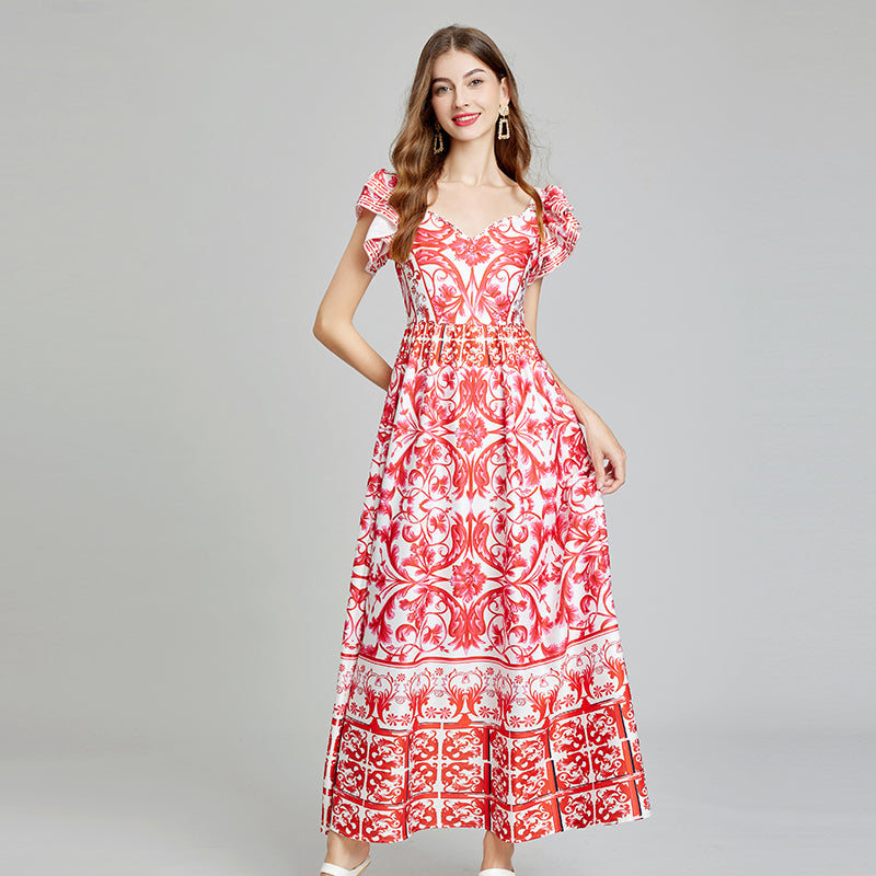 CM-DY014806 Women Trendy Bohemian Style Floral Print V-Neck Sleeveless Slim A-Line Maxi Dress - Red