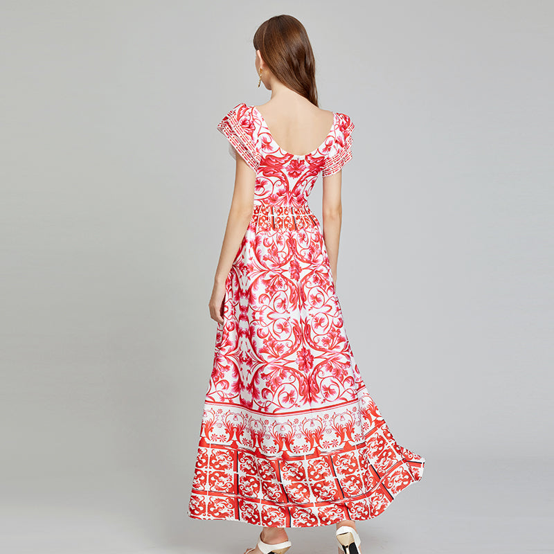 CM-DY014806 Women Trendy Bohemian Style Floral Print V-Neck Sleeveless Slim A-Line Maxi Dress - Red
