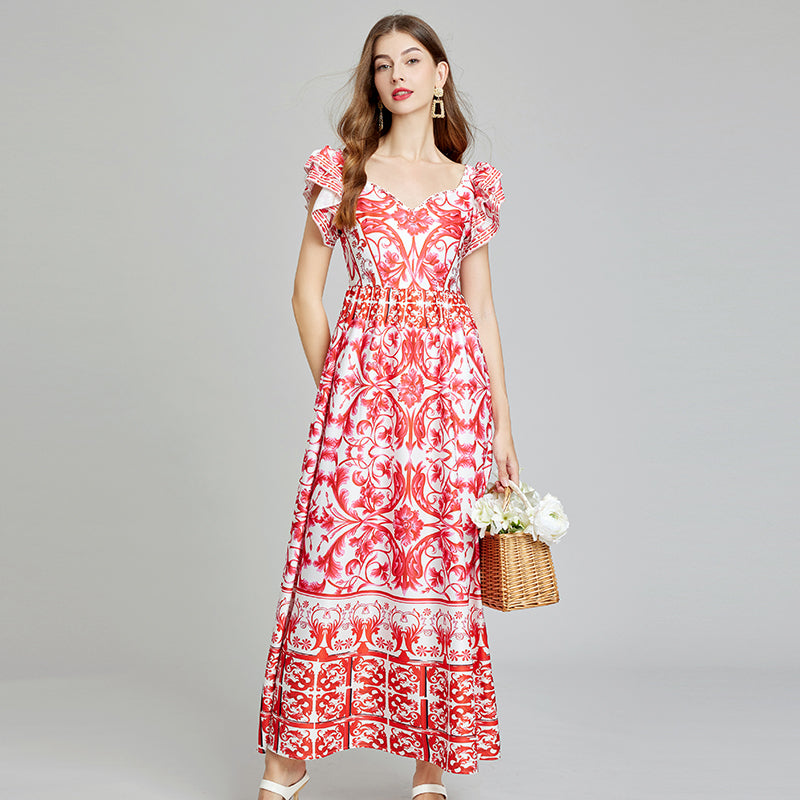 CM-DY014806 Women Trendy Bohemian Style Floral Print V-Neck Sleeveless Slim A-Line Maxi Dress - Red