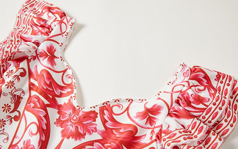 CM-DY014806 Women Trendy Bohemian Style Floral Print V-Neck Sleeveless Slim A-Line Maxi Dress - Red