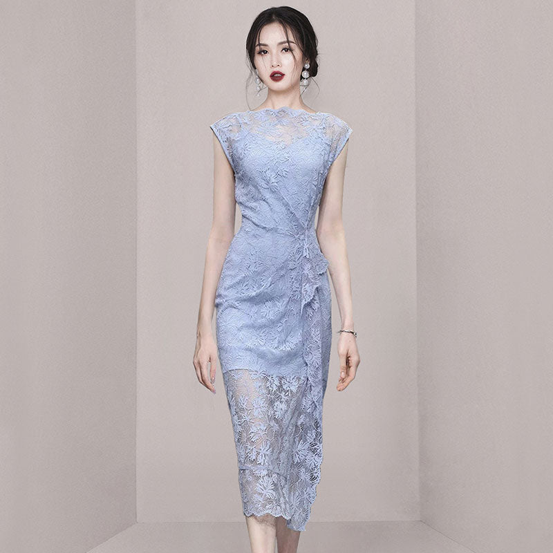 CM-DY014993 Women Elegant European Style Round Neck Sleeveless Mid-Length Dress - Blue