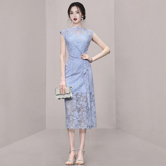 CM-DY014993 Women Elegant European Style Round Neck Sleeveless Mid-Length Dress - Blue