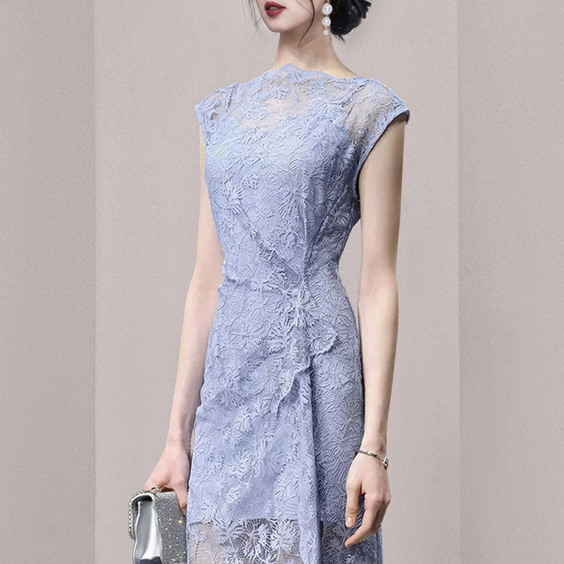 CM-DY014993 Women Elegant European Style Round Neck Sleeveless Mid-Length Dress - Blue