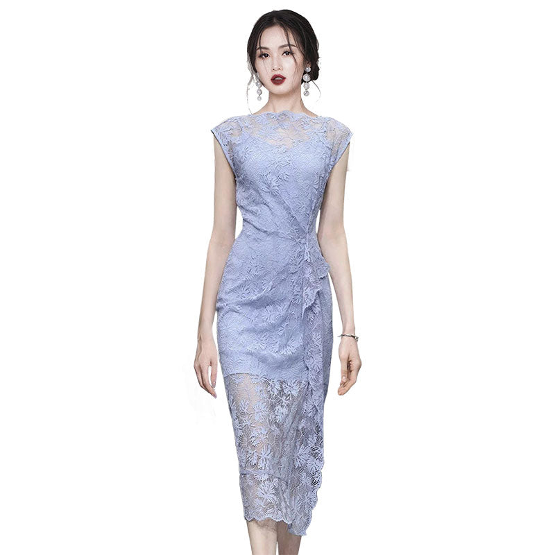CM-DY014993 Women Elegant European Style Round Neck Sleeveless Mid-Length Dress - Blue