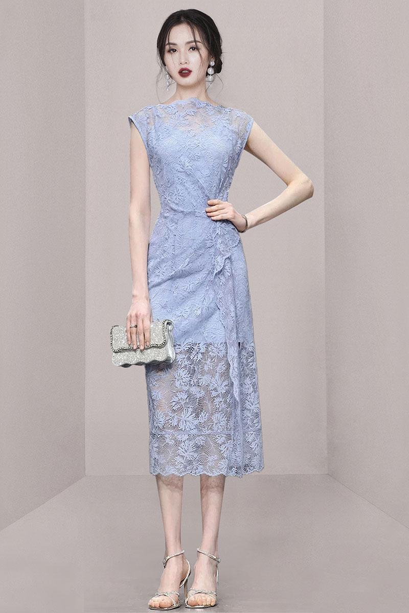 CM-DY014993 Women Elegant European Style Round Neck Sleeveless Mid-Length Dress - Blue