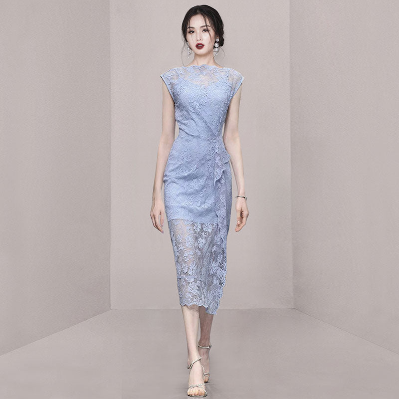 CM-DY014993 Women Elegant European Style Round Neck Sleeveless Mid-Length Dress - Blue