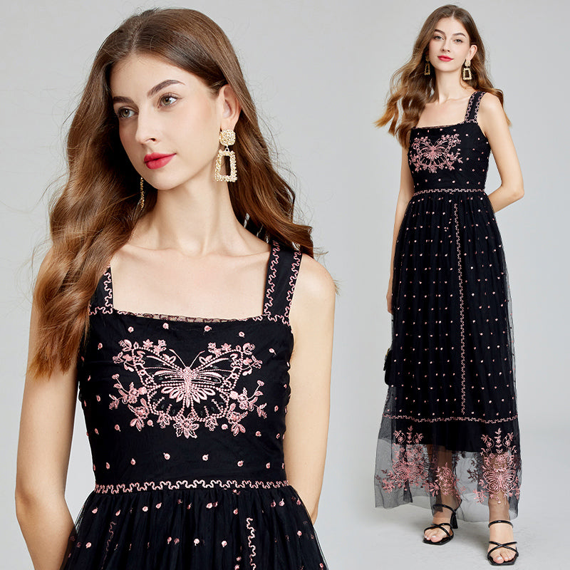 CM-DY014996 Women Elegant European Style Slim Gauze Sling High Waist A-Line Dress - Black
