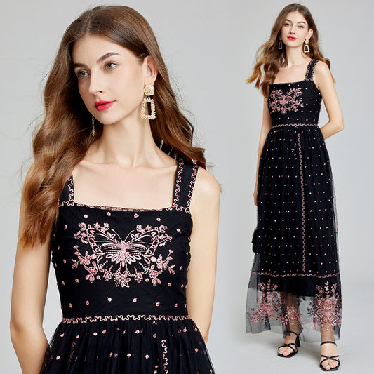 CM-DY014996 Women Elegant European Style Slim Gauze Sling High Waist A-Line Dress - Black