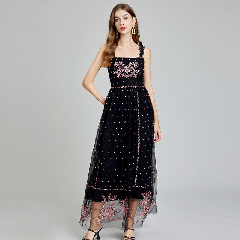 CM-DY014996 Women Elegant European Style Slim Gauze Sling High Waist A-Line Dress - Black