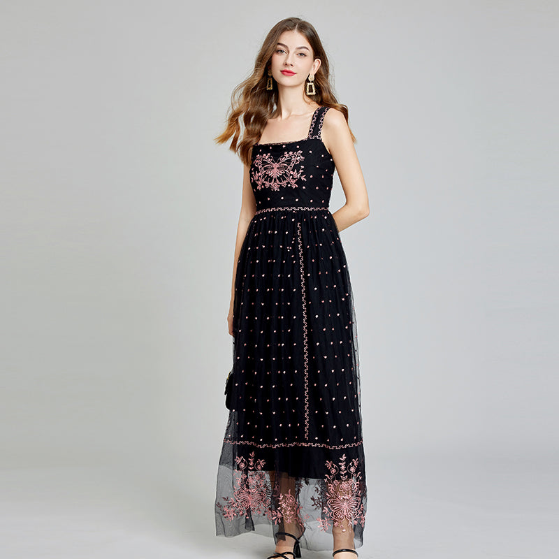 CM-DY014996 Women Elegant European Style Slim Gauze Sling High Waist A-Line Dress - Black