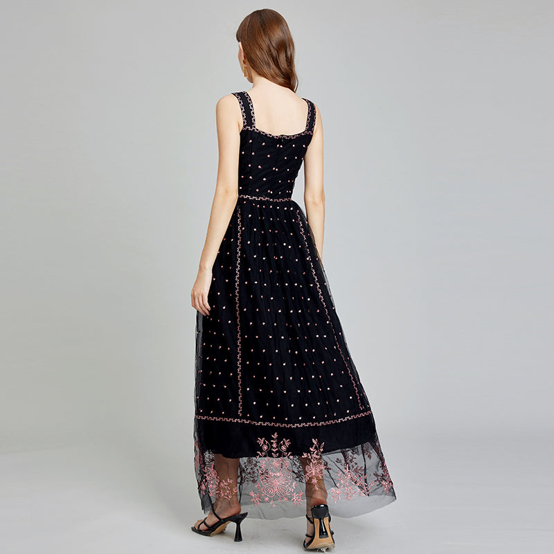 CM-DY014996 Women Elegant European Style Slim Gauze Sling High Waist A-Line Dress - Black