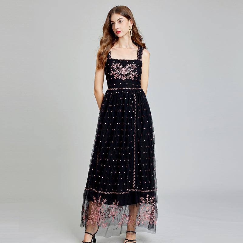 CM-DY014996 Women Elegant European Style Slim Gauze Sling High Waist A-Line Dress - Black