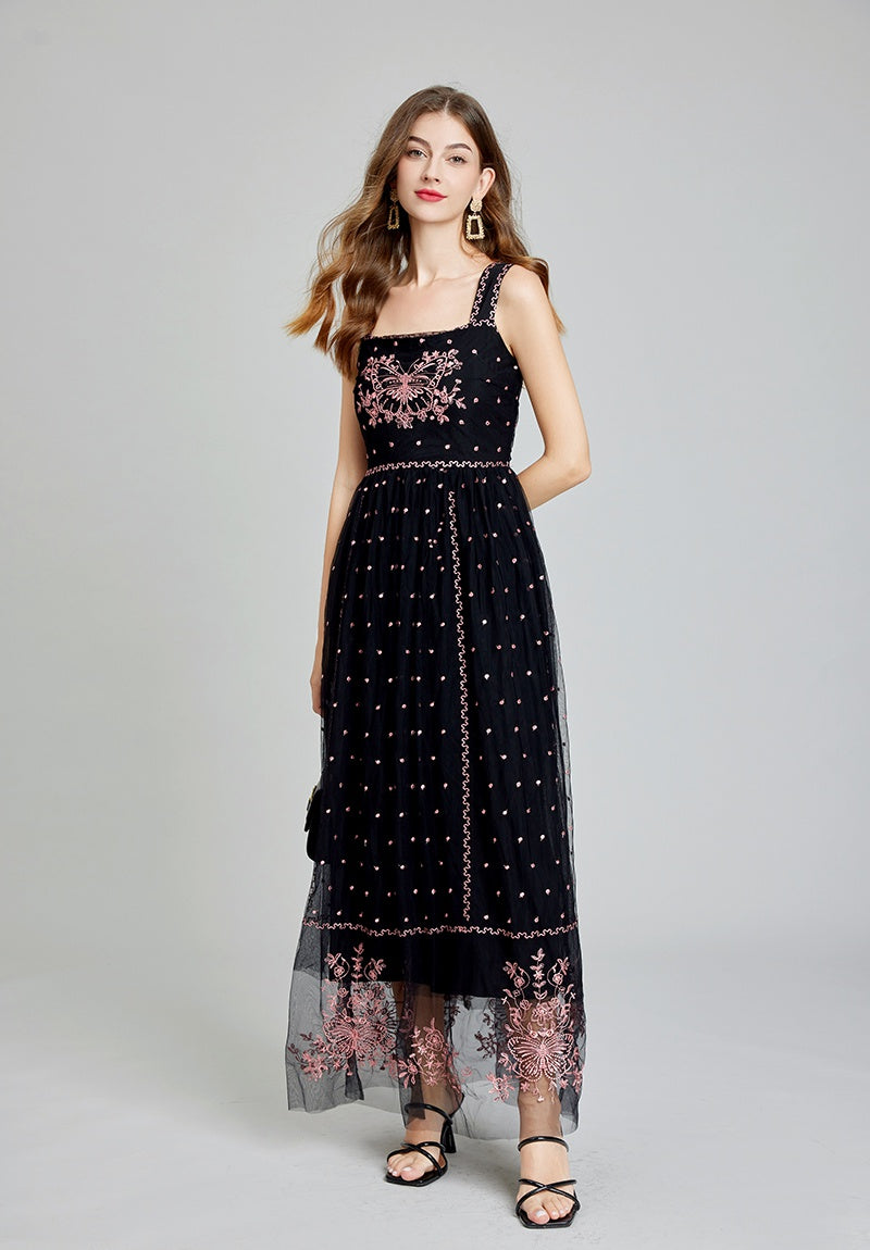 CM-DY014996 Women Elegant European Style Slim Gauze Sling High Waist A-Line Dress - Black