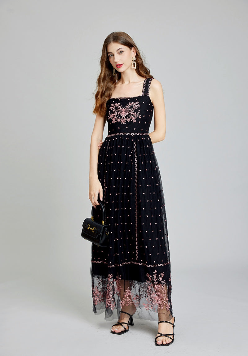 CM-DY014996 Women Elegant European Style Slim Gauze Sling High Waist A-Line Dress - Black
