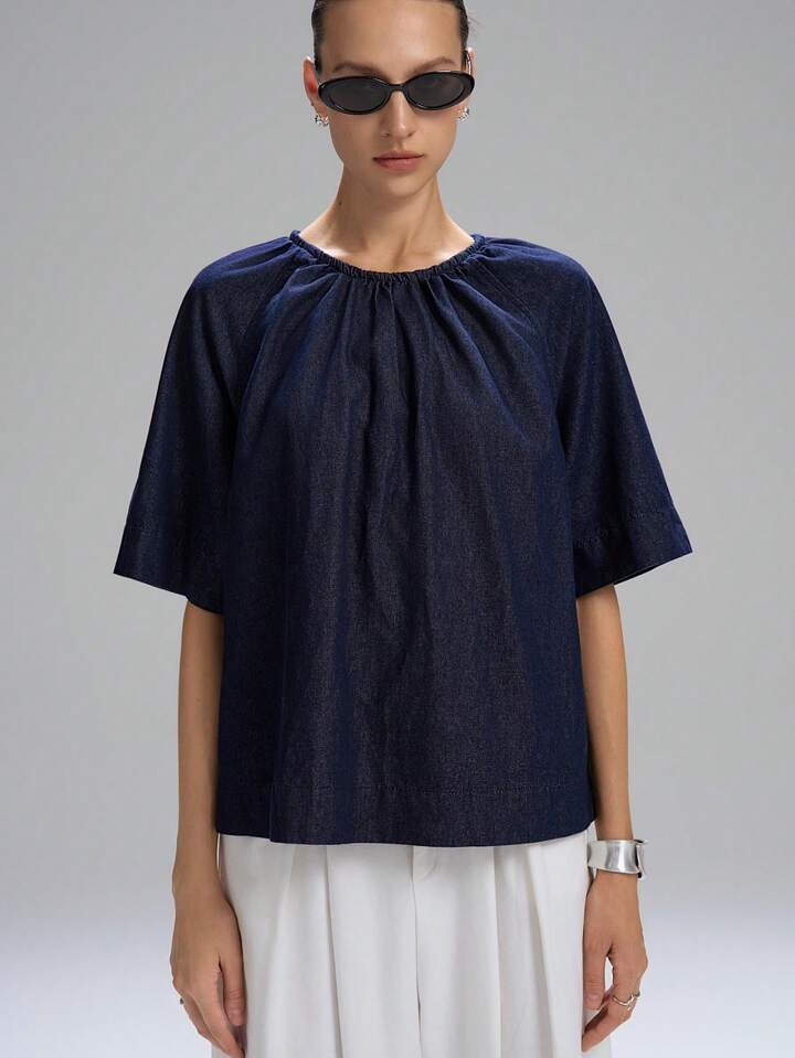 CM-TS435444 Women Casual Seoul Style Drawstring Round Neck 3/4 Sleeve Denim Loose Blouse - Blue