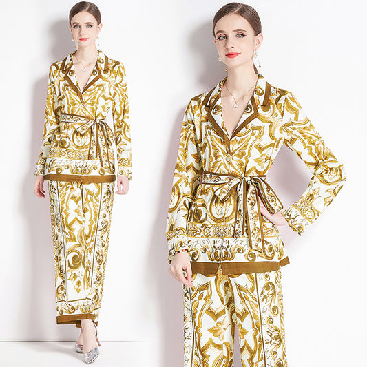 CM-SY015367 Women Elegant European Style V-Neck Long Sleeve Top With Wide Leg Pants - Set