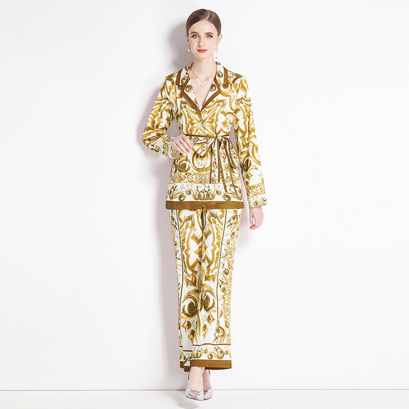 CM-SY015367 Women Elegant European Style V-Neck Long Sleeve Top With Wide Leg Pants - Set