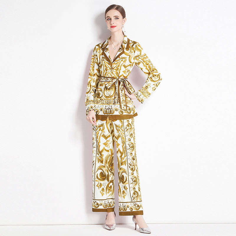 CM-SY015367 Women Elegant European Style V-Neck Long Sleeve Top With Wide Leg Pants - Set