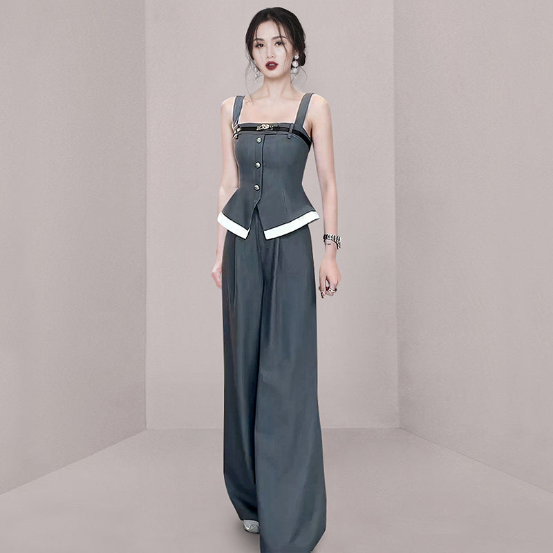 CM-SY015437 Women Elegant European Style Square Neck Sleeveless Sling Top With Wide Leg Pants Suit
