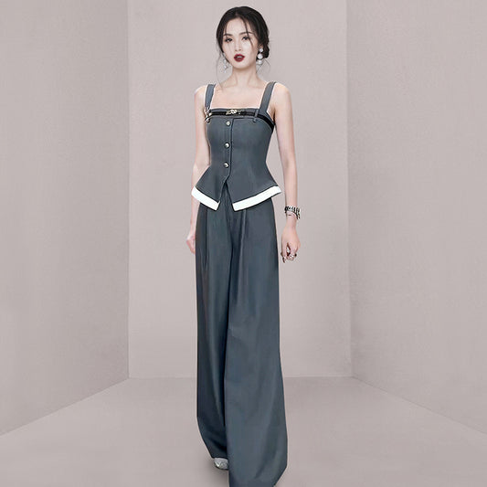 CM-SY015437 Women Elegant European Style Square Neck Sleeveless Sling Top With Wide Leg Pants Suit