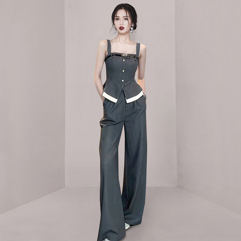 CM-SY015437 Women Elegant European Style Square Neck Sleeveless Sling Top With Wide Leg Pants Suit